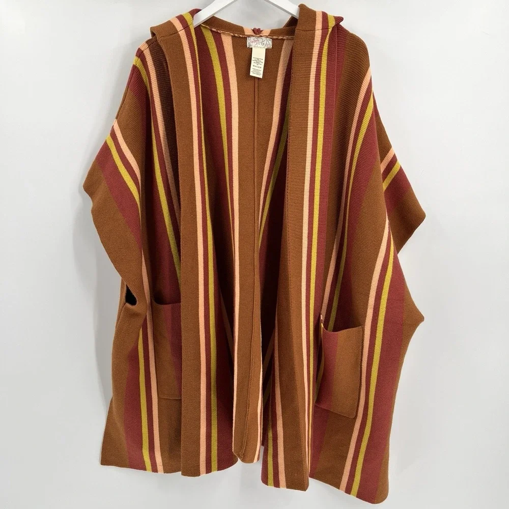 Free People All I Need Striped Hooded Poncho‎ Cardigan Sweater O/S Amber Boho